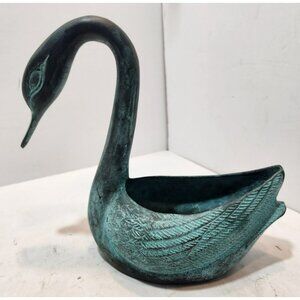 Vtg Toyo Korea Bronze Swan Home Garden Planter with Verdigris Patina 7"
